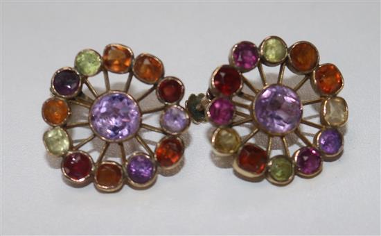 A pair of gold and multi gem set wheel ear clips, 22mm.